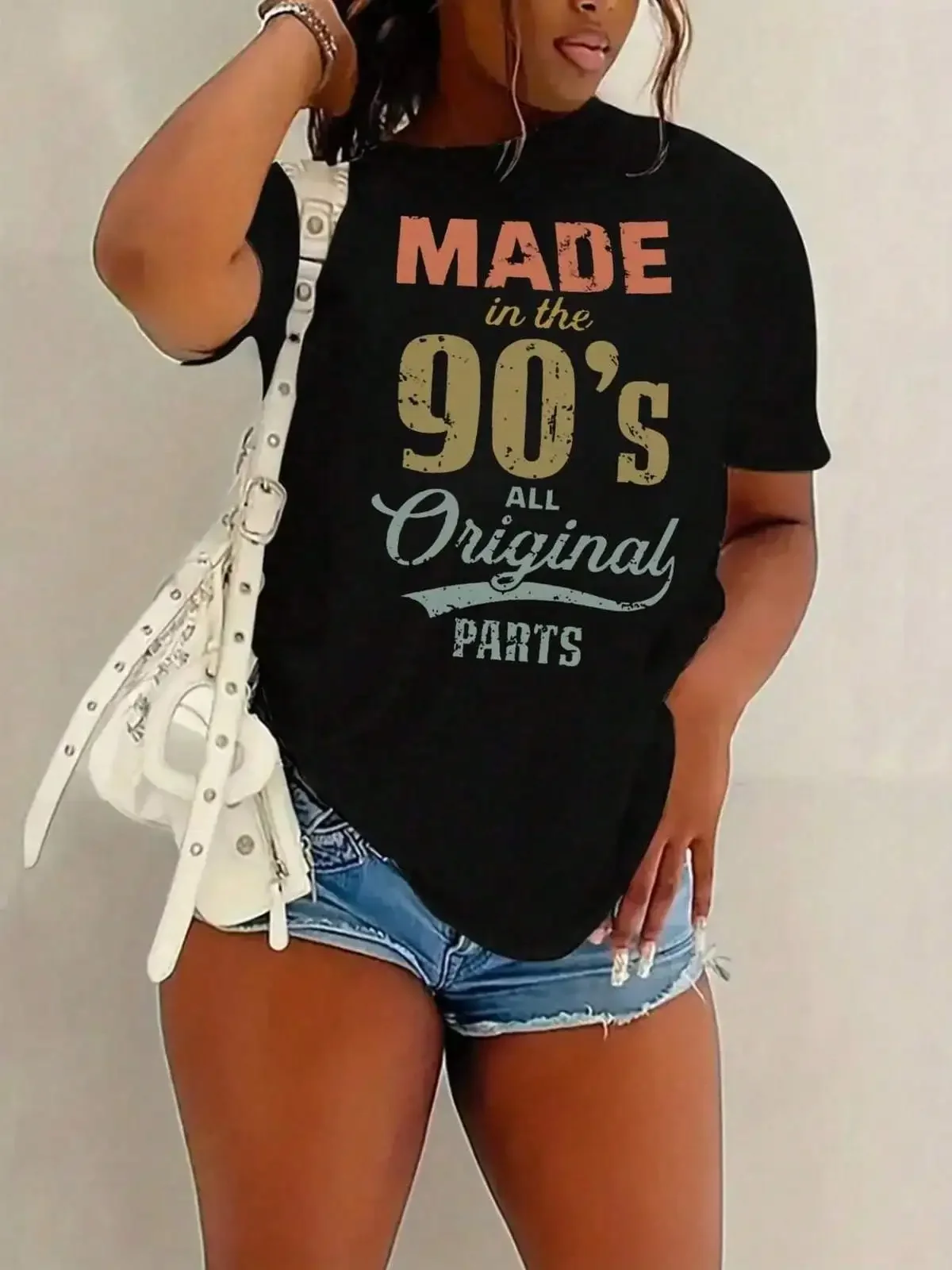 Round Neck Short Sleeve T-Shirt With Letter Print, MADE In The 90'S ALL Original PARTS Graphic Tees Women Tops,Breathable And Comfortable Short-Sleeved Round-Neck Top, Suitable For All Seasons, Everyday Wear For Women