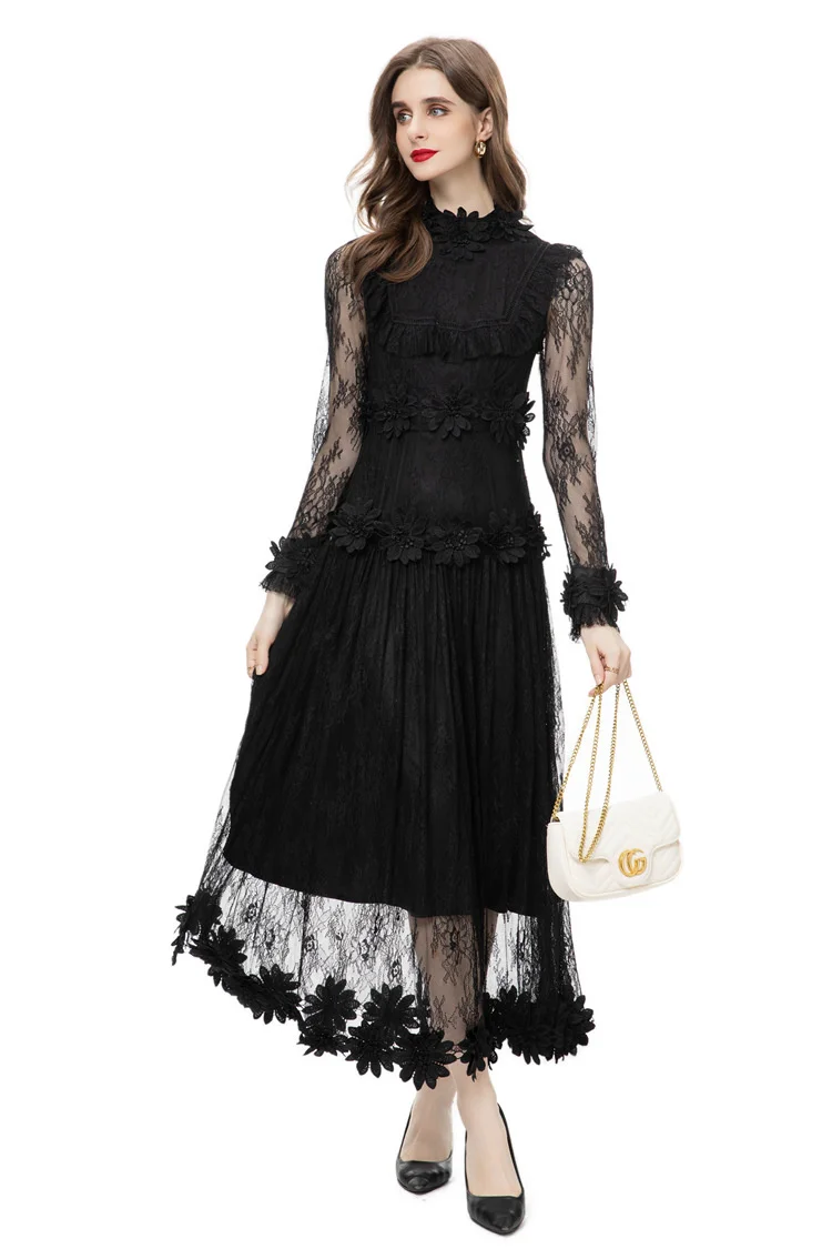 Summer Fashion Designer Black Mseh Dress Women's O-Neck Perspective Long Sleeve Appliques Ruffles Vintage Long Dresses