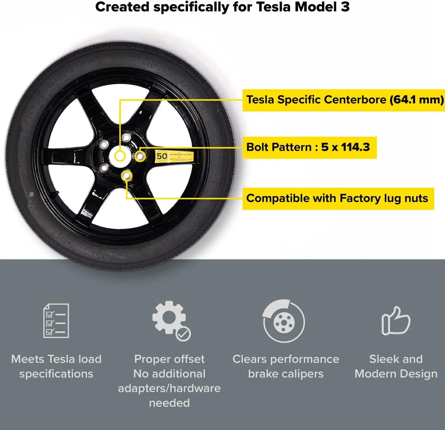 Complete Spare Wheel and Tire - Compatible with 2017+ Tesla Model 3 Long Range & RWD Trims - Includes 18x4 Rim, 125/80R18 Tire