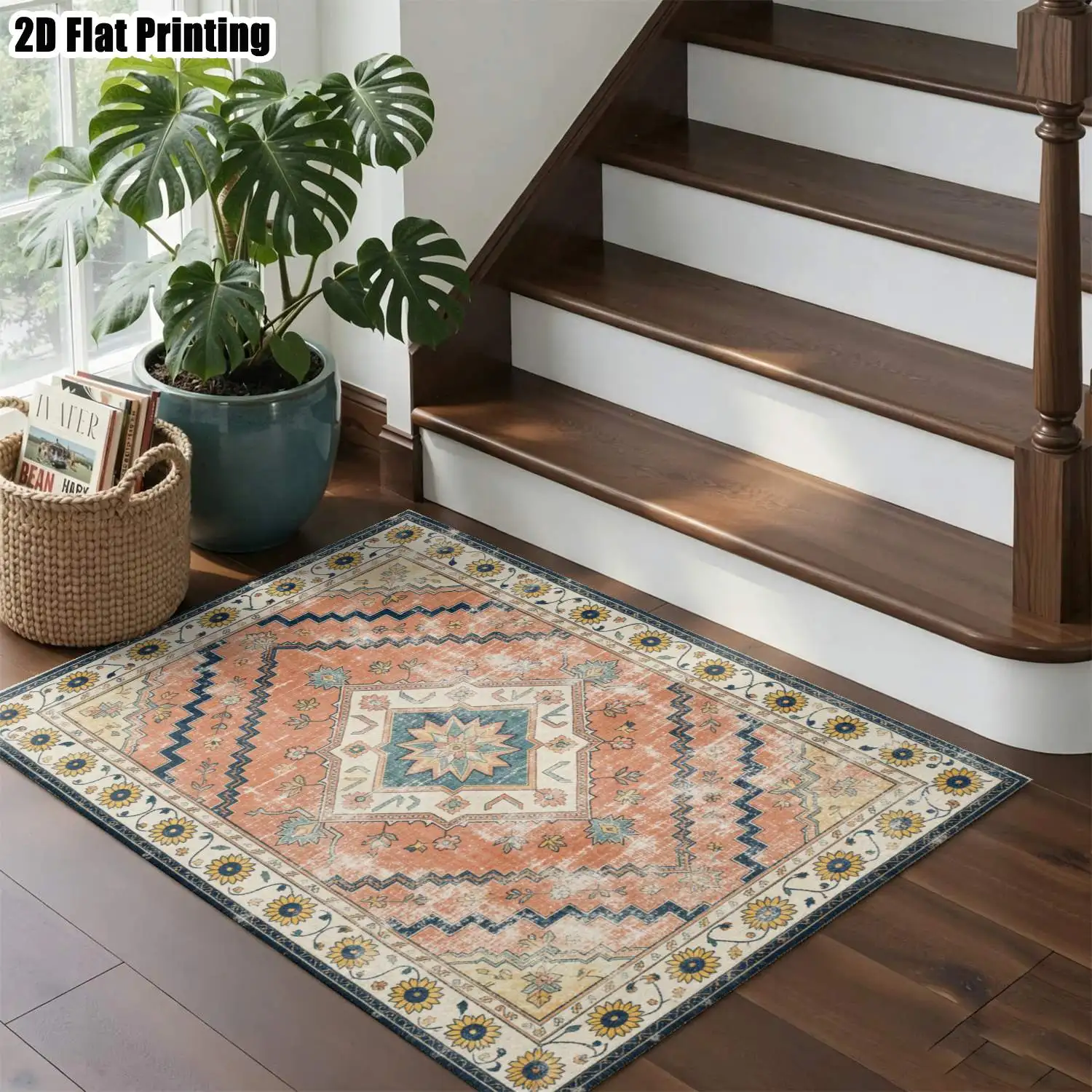 1Pc 2D Printed Carpet: Light Green Base Pink-Yellow Flowers, Retro & Instagram Style, Machine Washable, Multi-Size, Home Decor Mat for Entrance, Dining, Bedroom, Living Room Etc