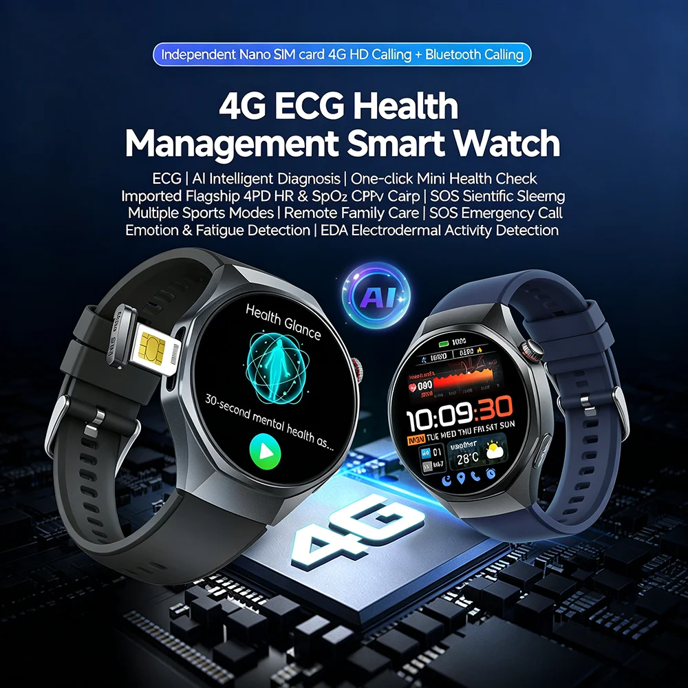 4G ECG Smart Watch Support SIM Card 4G+Bluetooth Calling Heart Rate Blood Pressure EDA Health Smartwatch Multiple Sport Modes