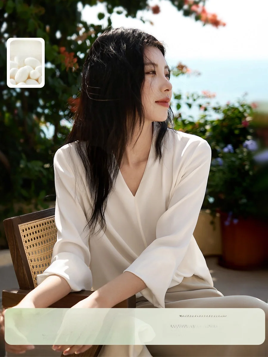 

Elegant V-Neck Silk Shirt Women's Spring Fashion Casual Breathable Long Sleeve Button up Shirt Chinese Style Office Wear