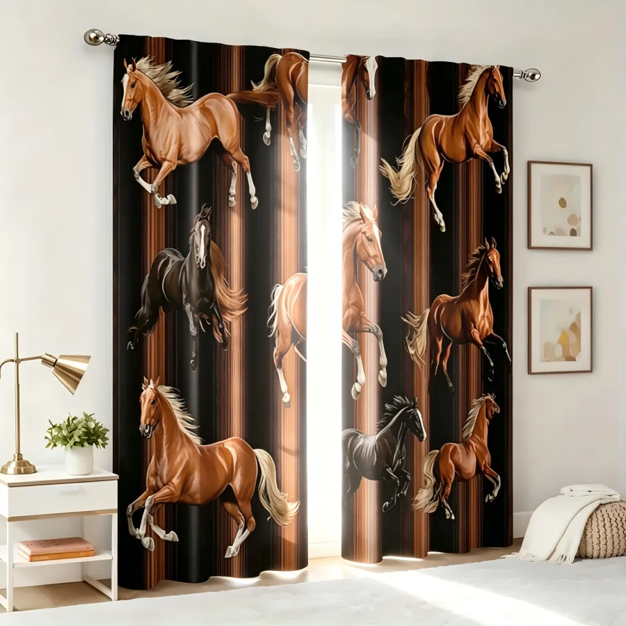 2PCS Digital Print  Curtain, Black Brown Horse, Bohemian Style  Curtain Panel for Home Living Room Bedroom Decor