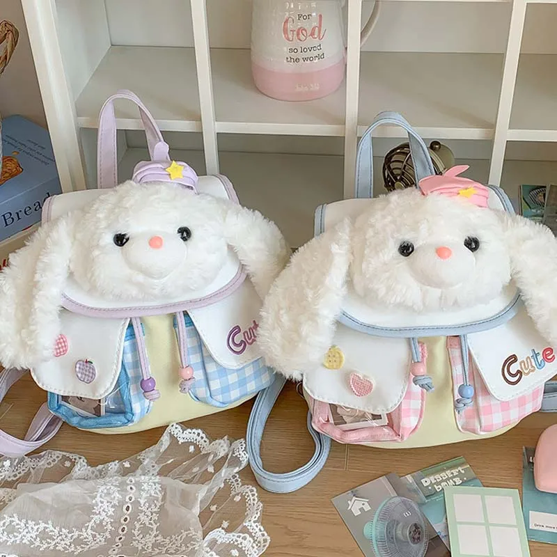 2026 Cute Long-Eared Rabbit Plush Doll Backpack Mini Dual-Shoulder Bag for Girls Toy Storage Pouch Casual Travel Nylon Material