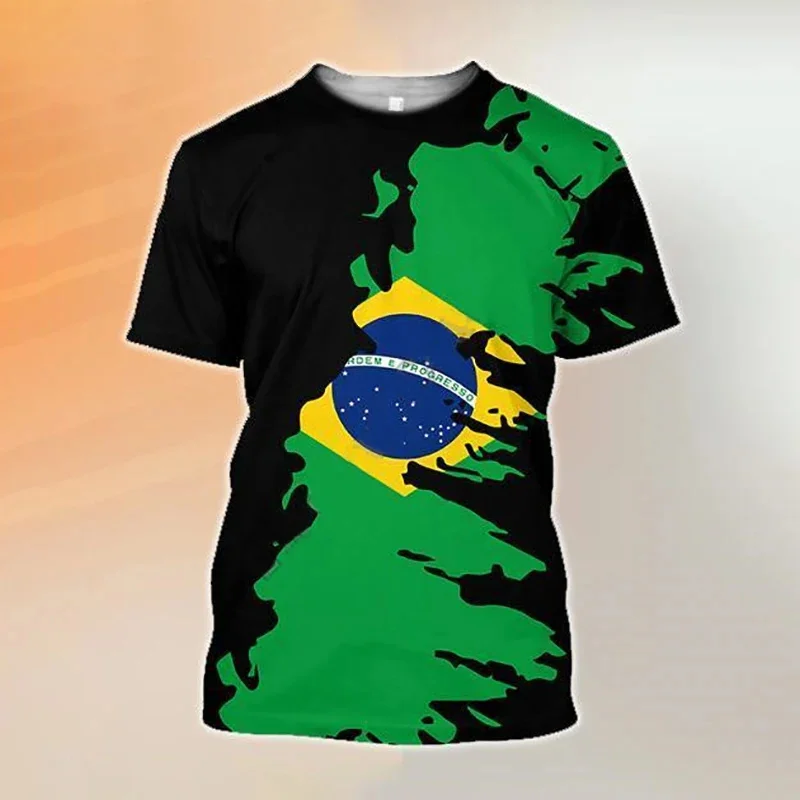 تي شيرت رجالي بعلم برازيلي مطبوع ثلاثي الأبعاد ، ملابس غير رسمية الشارع ، رقبة دائرية كبيرة الحجم ، ملابس رياضية ، موضة أطفال ، تصميم #3