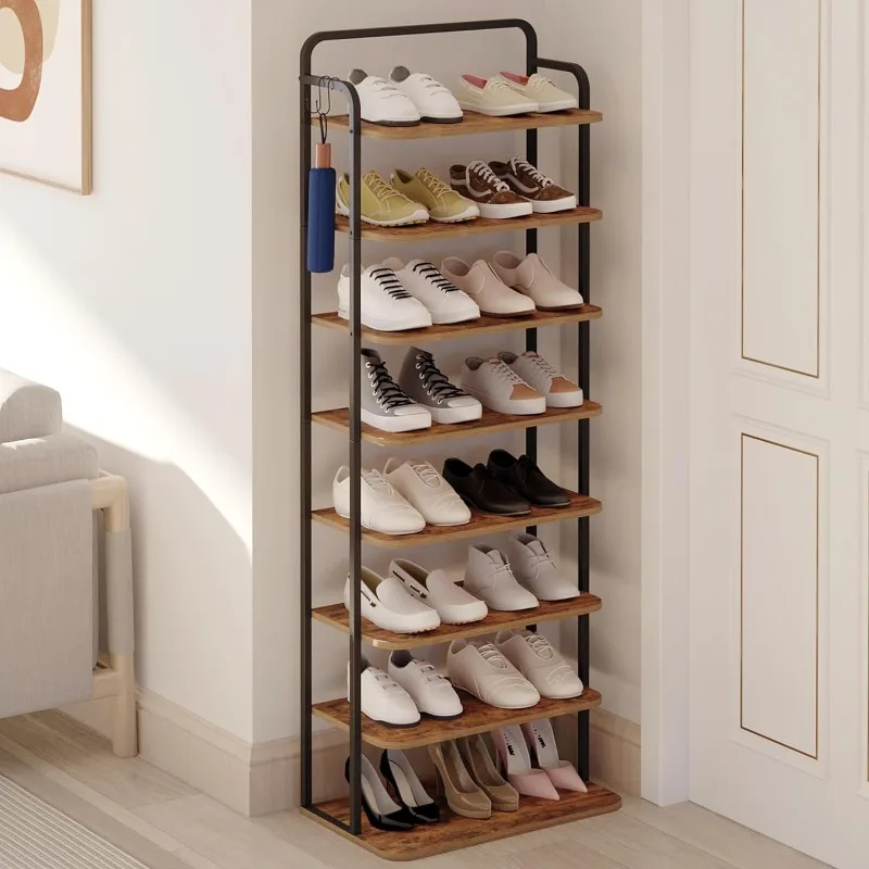 

Vertical Shoe Rack,Shoe Shelves, Wood Shoe Organizer for Closet, Entryway, Shoe Tower for Small Spaces, Adjustable, with 2 Hooks