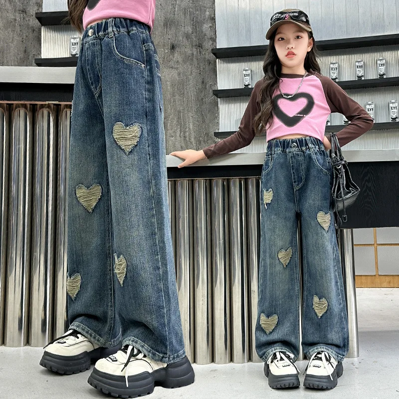 الفتيات أزياء الجينز الربيع والخريف الأطفال في سن المراهقة الحب هول مستقيم الدينيم السراويل الفتيات الرجعية فضفاض واسعة الساق السراويل #2