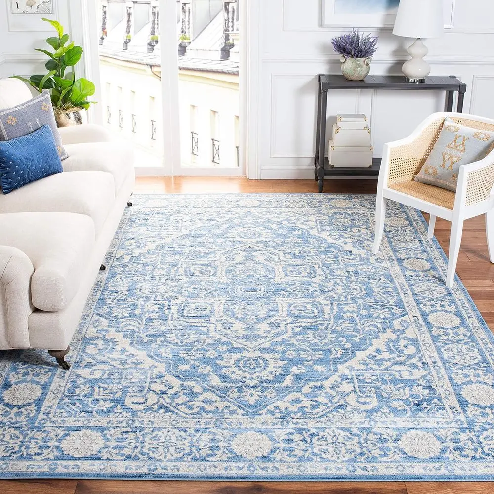

X-Large Area Rug - 11' x 15', Ivory & Navy, Medallion Distressed Design, Non-Shedding, Easy Care, Ideal for Living Room, Bedroom