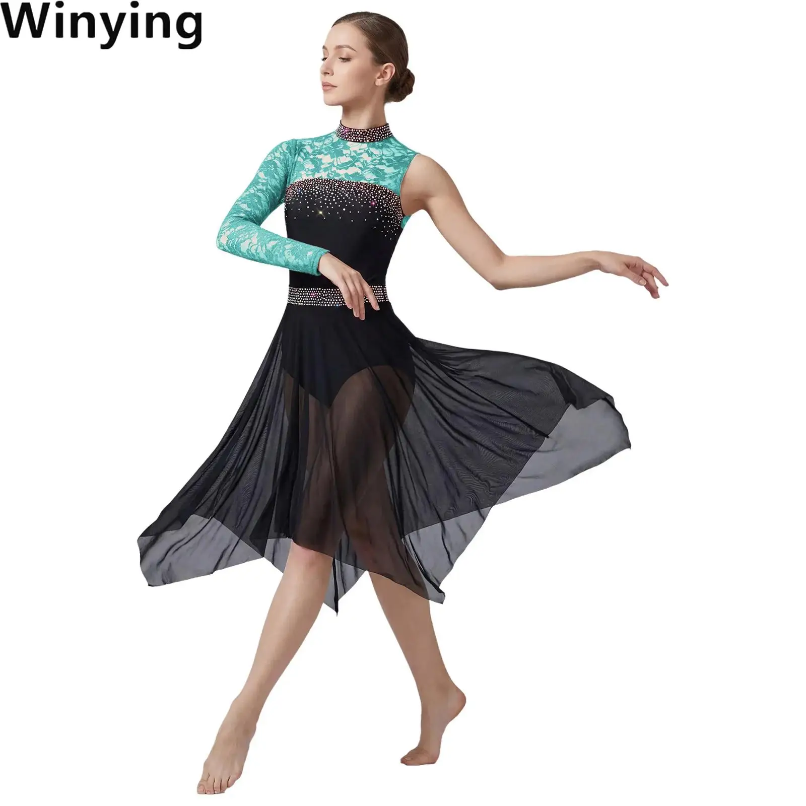 

Women Figure Skating Lyrical Dance Dress Asymmetrical Dress Floral Lace Sleeve Patchwork Leotards Mesh Skirted for Waltz Ballet