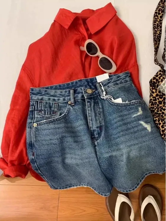 Red Linen Long Sve Women's irt Sun Protection Spring Summer Casual Sle High End New Arrival  Collar Button Detail