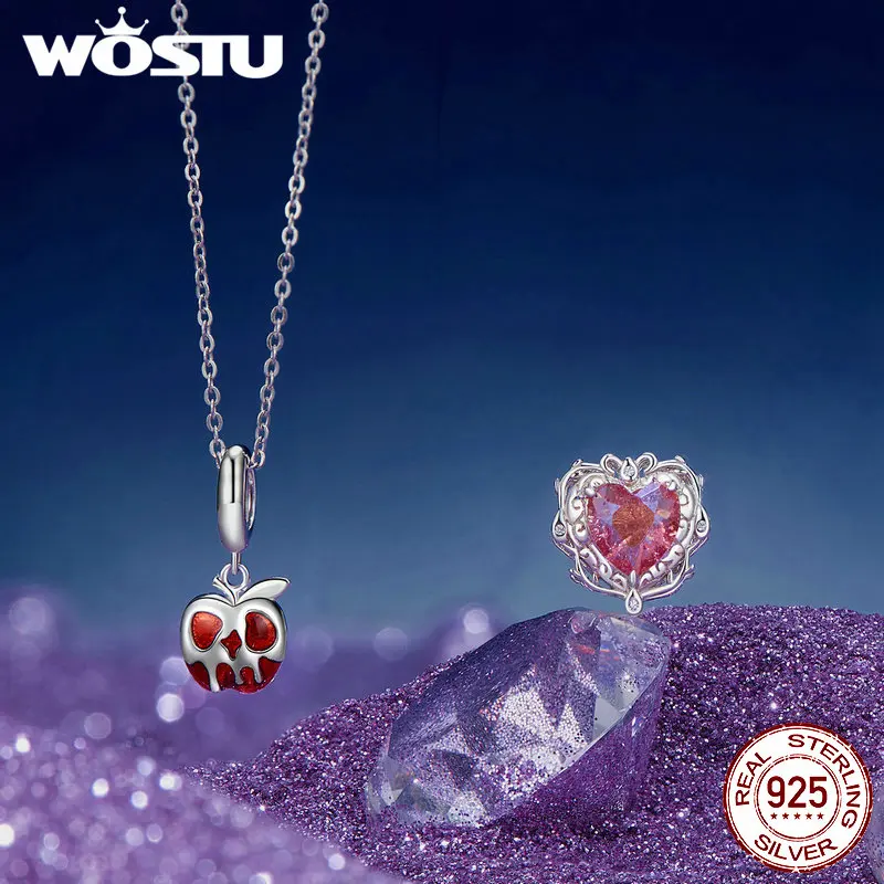 Wostu 925 prata esterlina vintage castelo contas espelho mágico pingente de cristal vermelho coração contas caber pulseira original diy punk presente