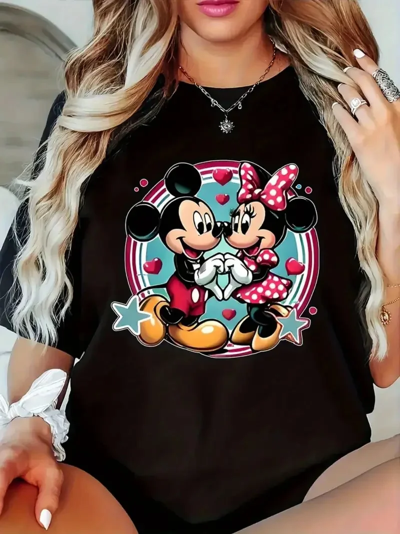 

2025 Disney Pattern Printed Women's Casual Comfortable Unique Smiling Face Black Round Neck Short Sleeve T-shirt