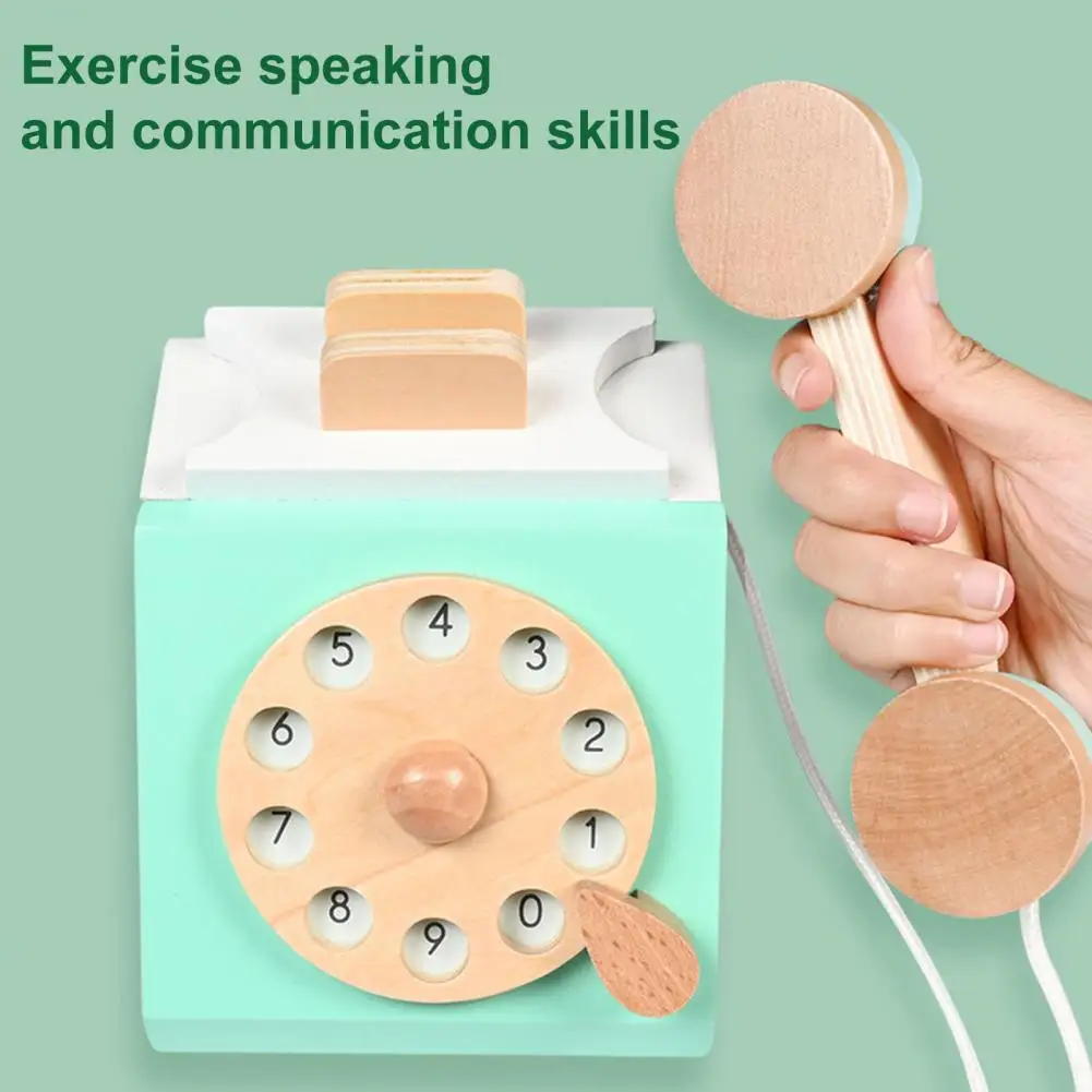 Cute Rotary Landline Phone  Vintage Wood Rotary Phone Toy  Communication Skills Training Rotary Phone Toy