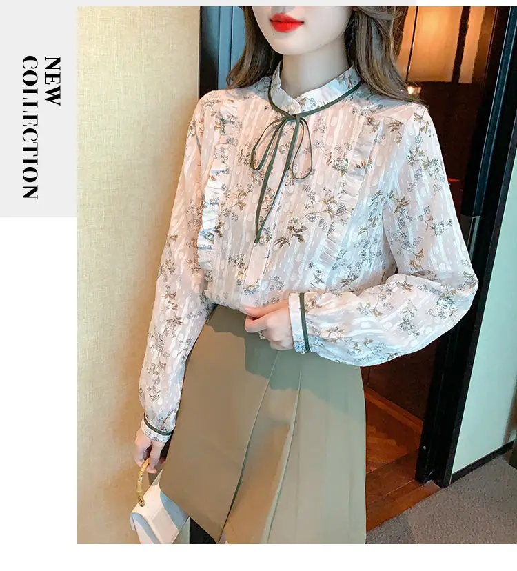 French Style Unique and Chic Women\'s New Long Sleeved Floral Chiffon Shirt Beautiful Little Shirt