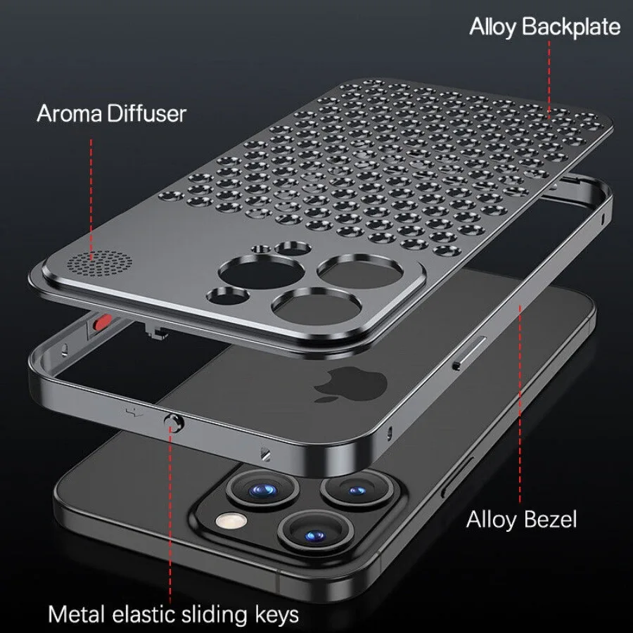 Funda de teléfono con protección contra la disipación de calor para aromaterapia, cubierta de parachoques de Metal de aluminio a prueba de golpes para iPhone 15 14 Plus 13 12 Pro Max