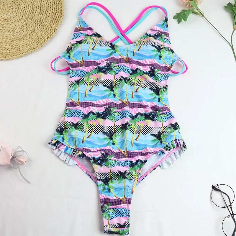 2024 sexy einteilige Badeanzug Bade bekleidung Frauen gekräuselt Doppel kreuz gurte V-Ausschnitt Blume Kokosnuss baum Druck Badeanzug Beach wear