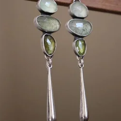 KSRA Retro Personal Exquisite Silver Color Inlaid Green Stone Hang Earrings For Women Fashion Commuting Jewelry 2024 New