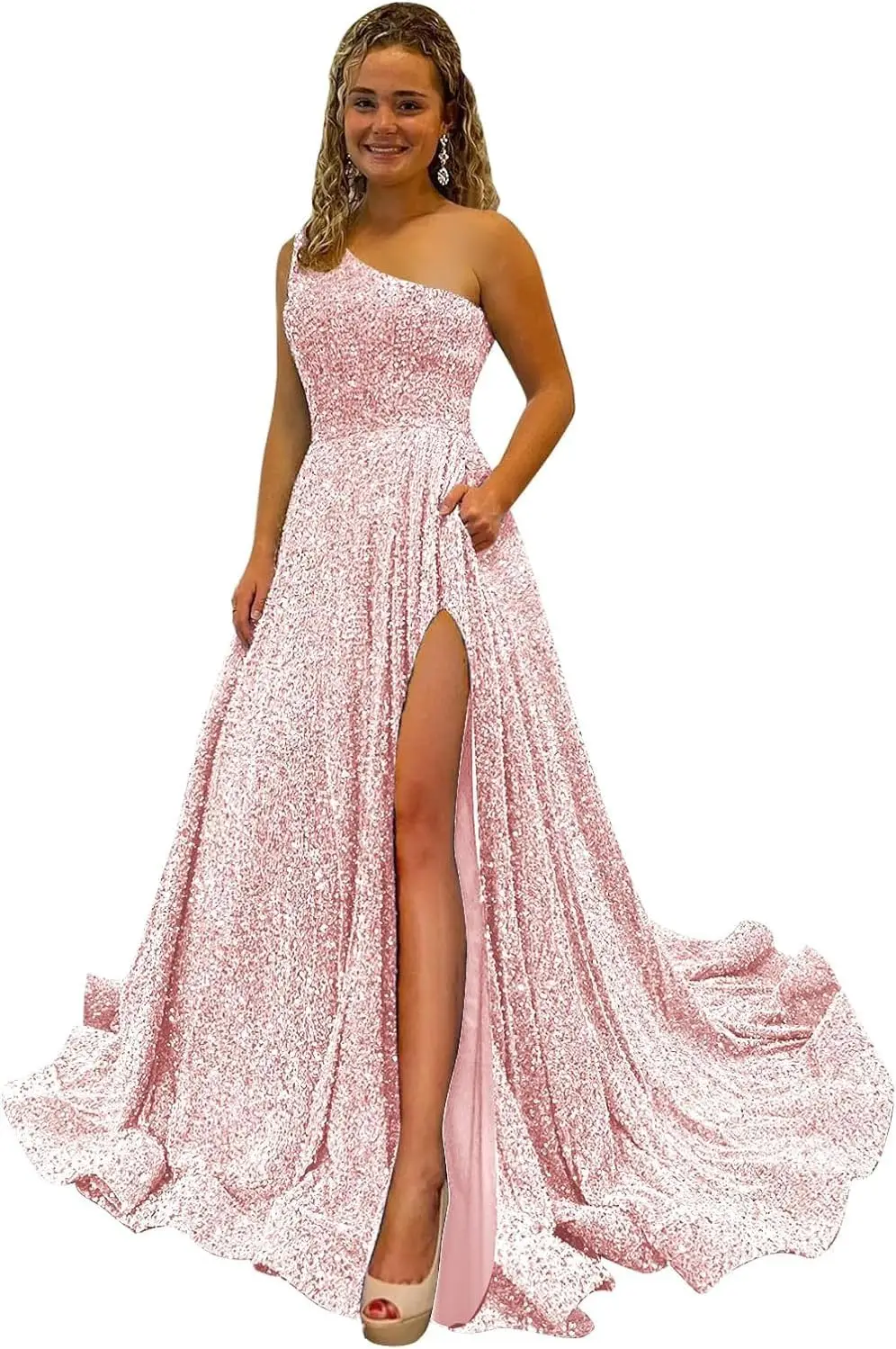 ティーン向けのスパンコール付きプロムドレス キラキラ輝くボールガウン ポケット付きロングイブニングパーティードレス フォーマルドレス 女性用エレガントパーティードレス