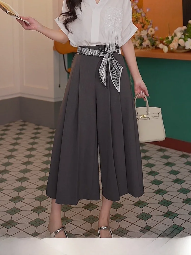 

Gray White Casual Women's Loose Skirt Pants High Waist Drapey Pleated Summer New Design Chend High Waist A-Line Skirt