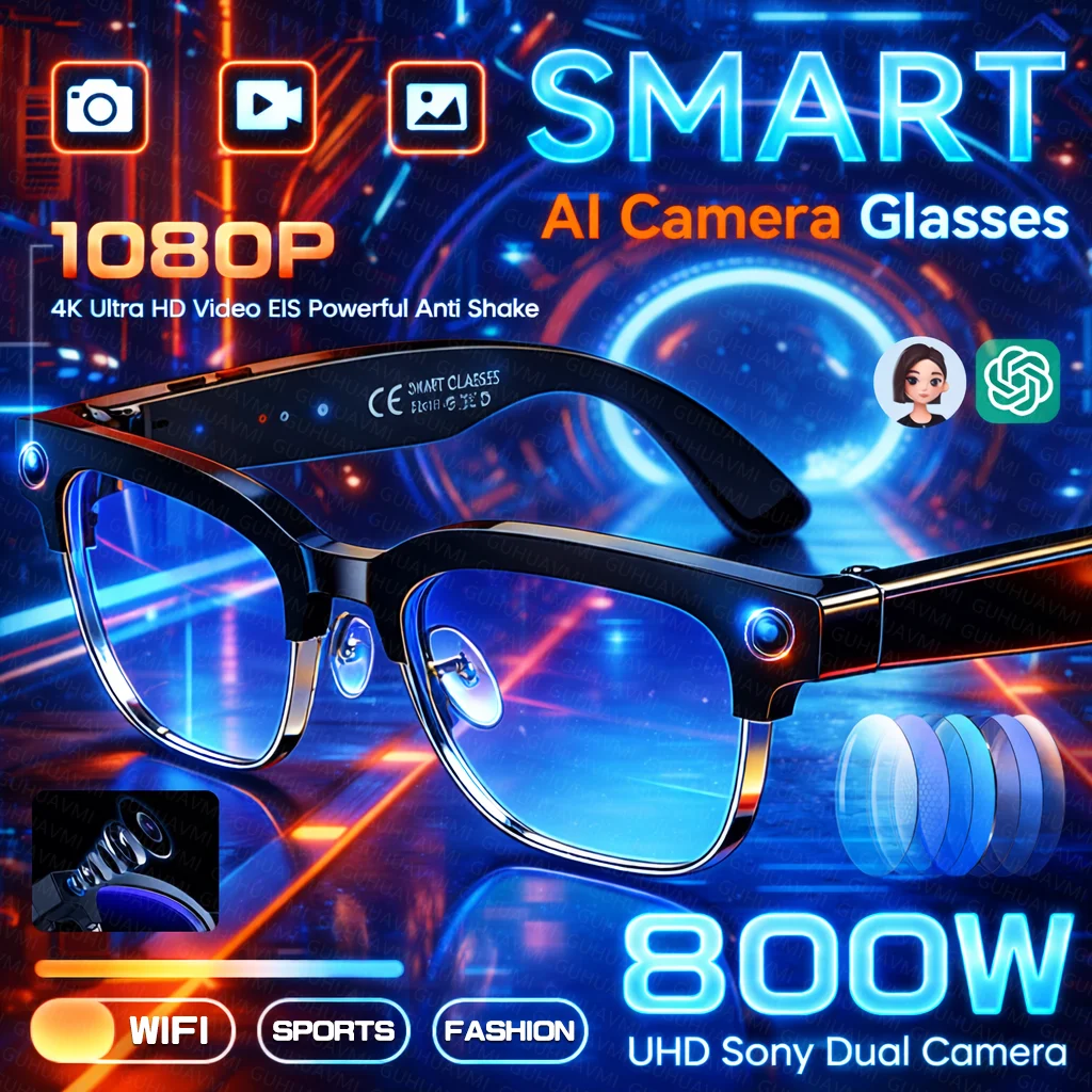 

Новые умные очки с двойной камерой 800W UHD, 4K 1080P, EIS, защита от дрожания, запись видео и фото, AI Chat-GPT, перевод, звонки по Bluetooth, модные мужские солнцезащитные очки