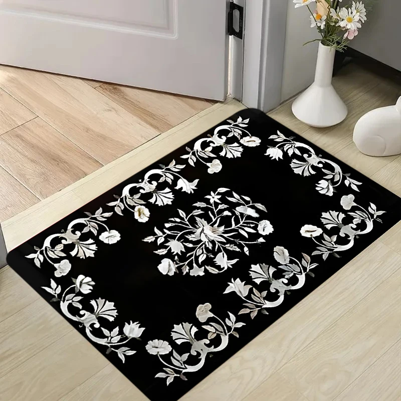 Black White Floral Carpet Mat Rug Gold Vine Scroll Pattern Classic Elegant Ornate Non-slip Home Decoration Door Mat Indoor Rug