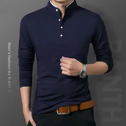 Men's Fashion Long sleeved POLO Shirt Casual Cotton Breathable Top Stand up Collar Korean Comfortable T-shirt Top