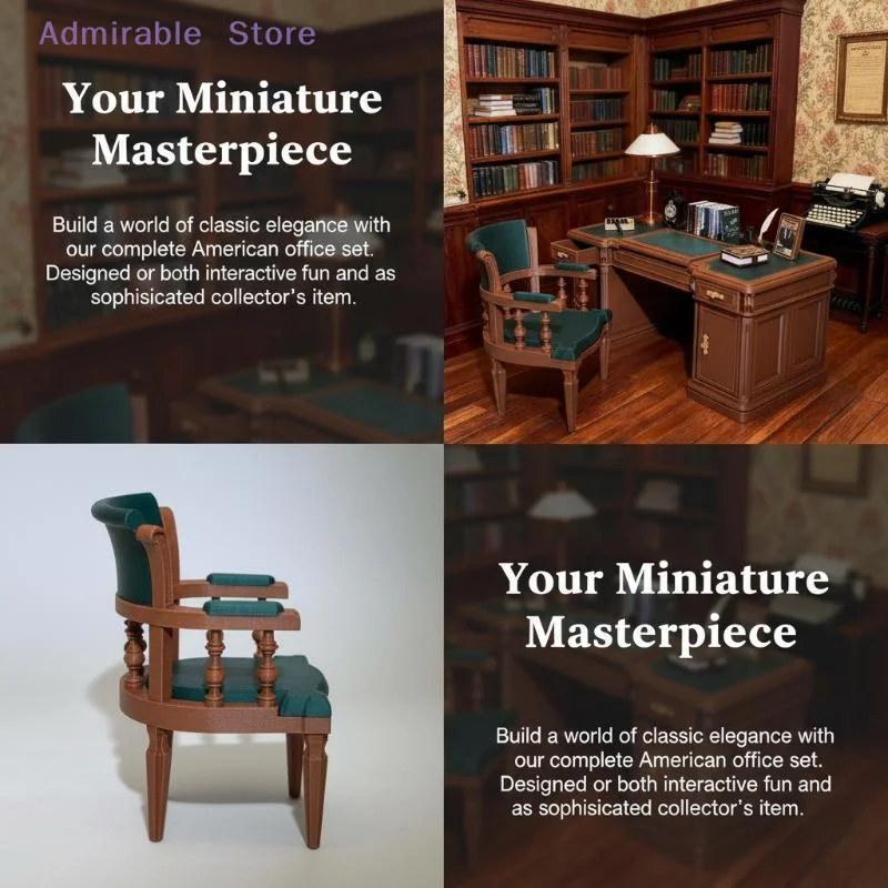 w112 Scale Victorian Office Desk Chair Set Miniature Writing Table Kit for DIY Dollhouse Office Furniture Decor