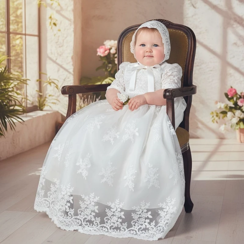 Baby Kids First Birthday Hundred Days Piece Set Party Banquet Costume Christening Gown Children White Long Lace Dress Hat Two