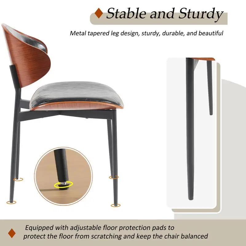 كراسي تناول الطعام الحديثة في منتصف القرن - مجموعة من 2، تصميم Bentwood مستوحى من الإيطاليا، أرجل معدنية غير لامعة، جلوس من جلد البولي يوريثان الفاخر