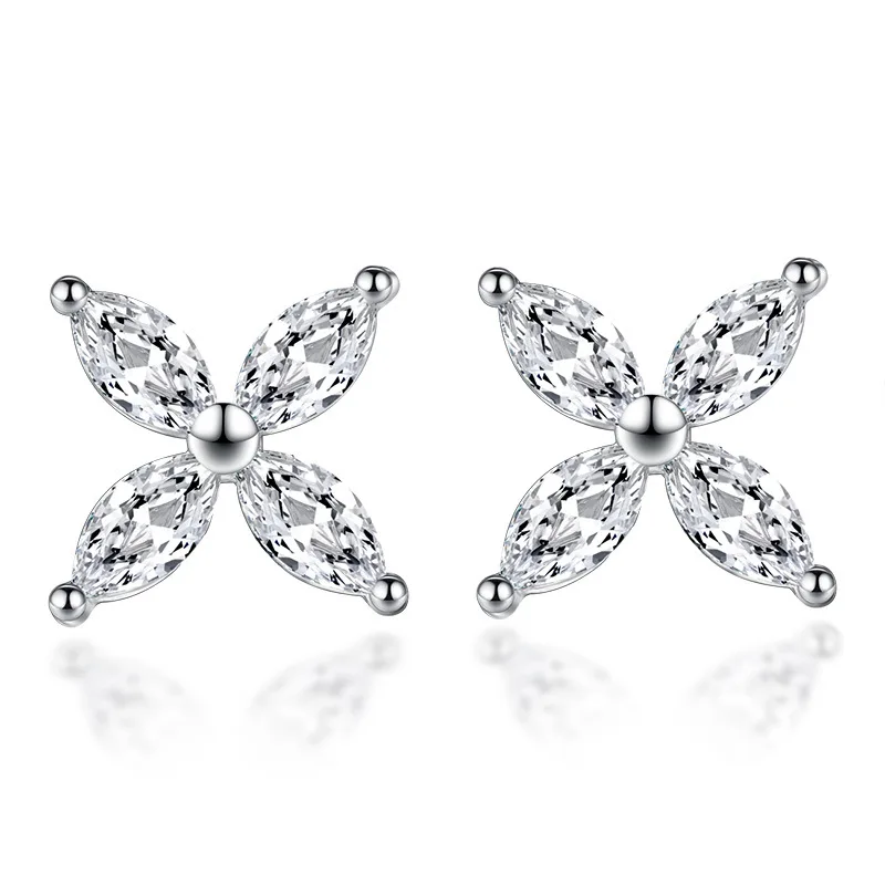 Sterling Silver Color four Leaf Clovers Ear-Sticks Women's Earrings Fashion Jewelry J55