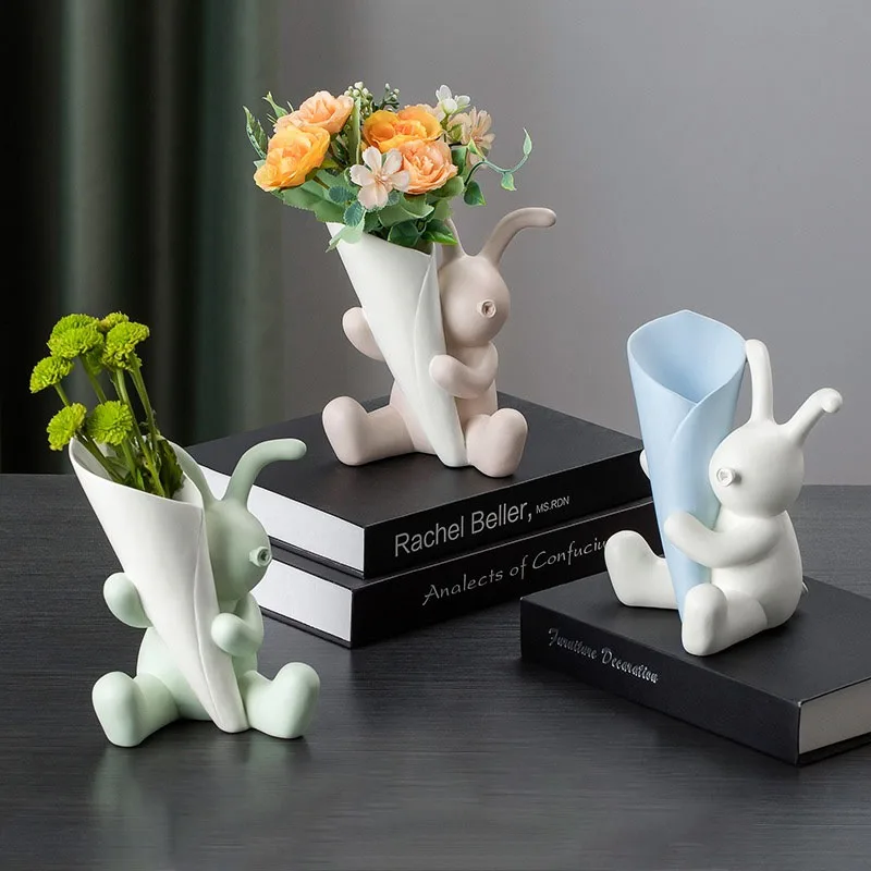 

Nordic Resin Rabbit Vase Ornaments Living Room Dining Table Flower Arrangement Art Dried Flower Vases Home Decoration Accessorie