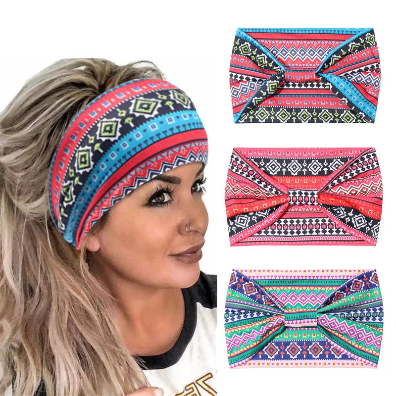 

2024 Summer New Ethnic Bohemian Headband Women Wide Band Knot Hair Accessories Yoga Style with Tribal Print Wholesale in Stock