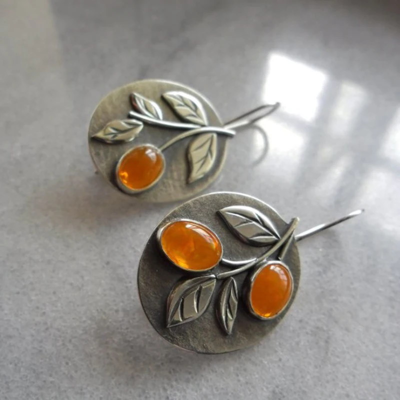 Vintage Silver Color Leaf Orange Stone Earring Engraved Oval Metal Plant Hook Earrings for Women Jewelry