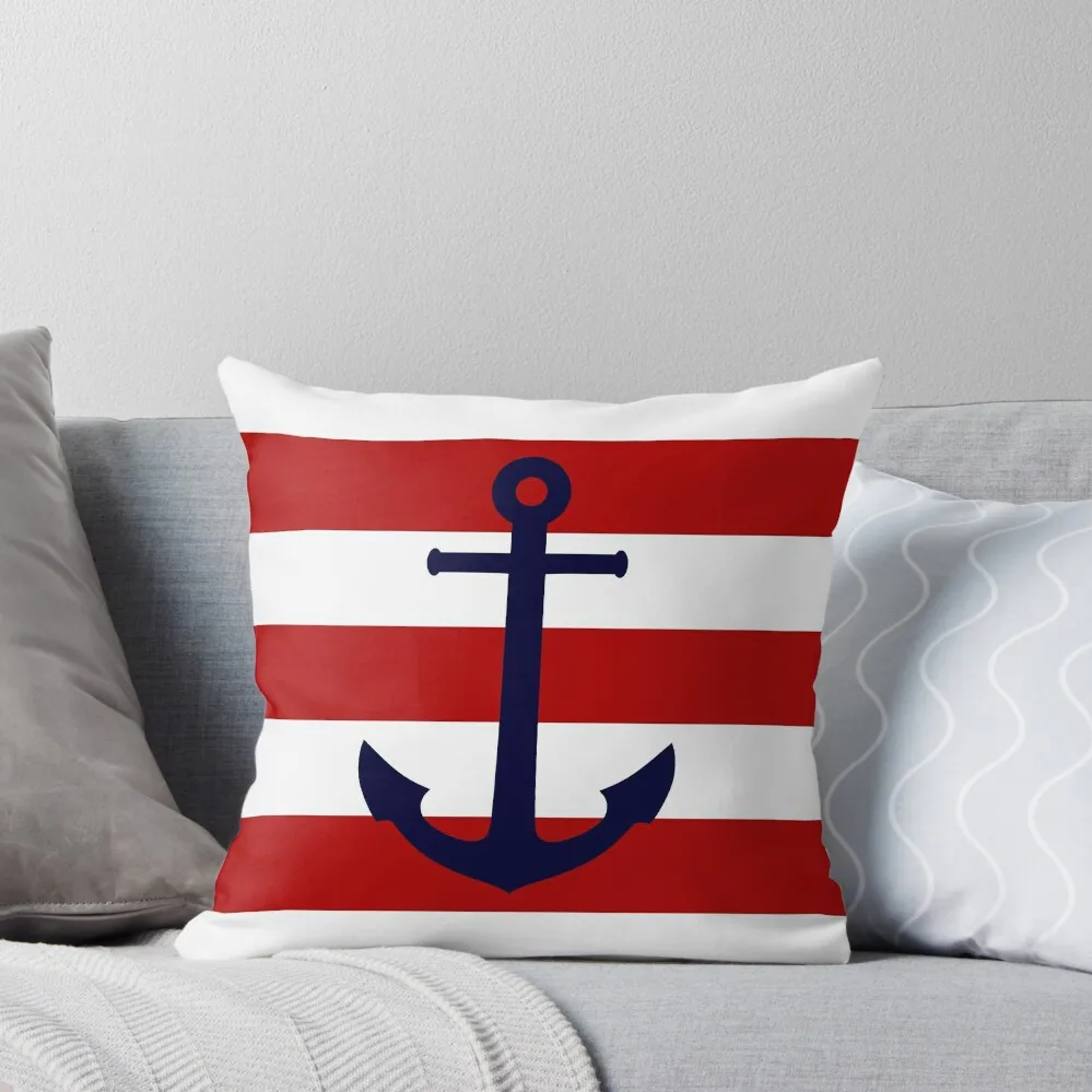 

Nautical Navy Blue Anchor On Red Stripes Throw Pillow Pillow Case Christmas Cushions For Sofa pillow