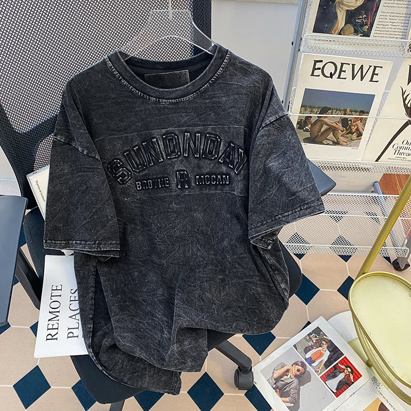 Original Washed Retro Combed Pure Cotton Crew Neck Short Sleeve T-Shirt for Couples Men Women round Neck Short Sleeve Top
