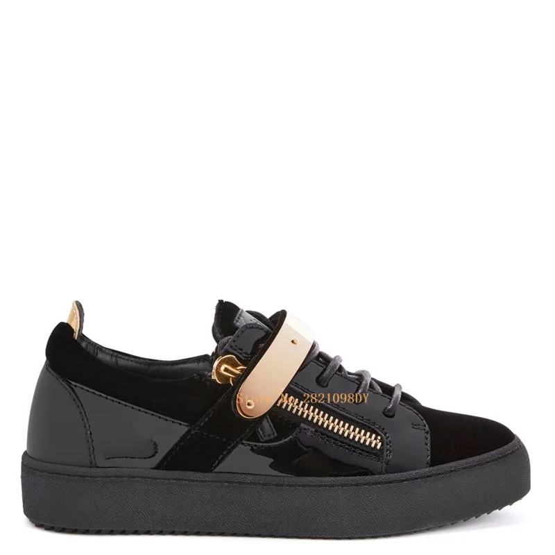 Black Suede Leather Gold Buckle Lace Up Sneakers Unisex Size Hook Loop Flats Platform Casual Shoes Low Top Female Shoe Size 47