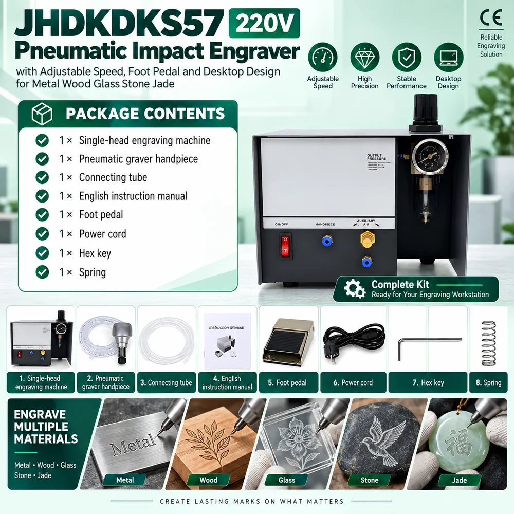 JHDKDKS57 220V Pneumatic Impact Engraver with Adjustable Speed, Foot Pedal and Desktop Design for Metal Wood Glass Stone Jade