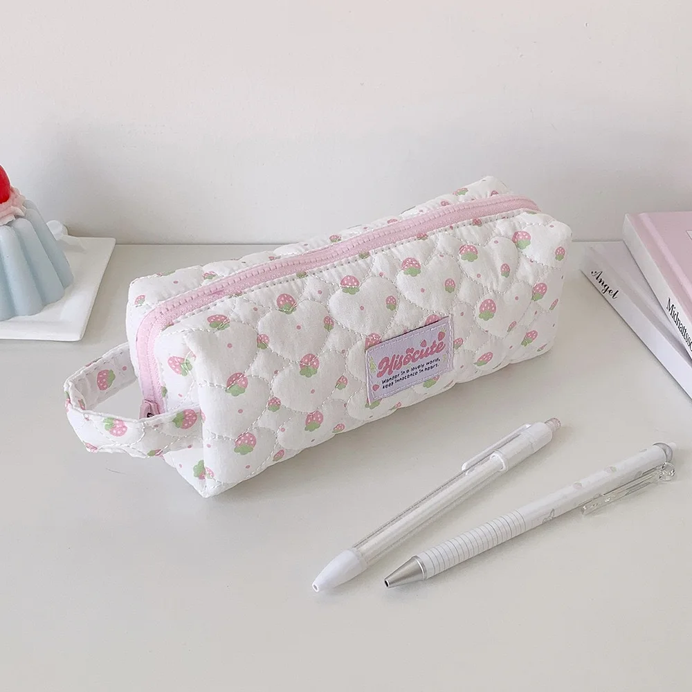 Korean Pencil Bag Cream Strawberry Print Large Capacity Pencil Bag Pencil Bag Large Capacity For Stationery Storage Daily Small