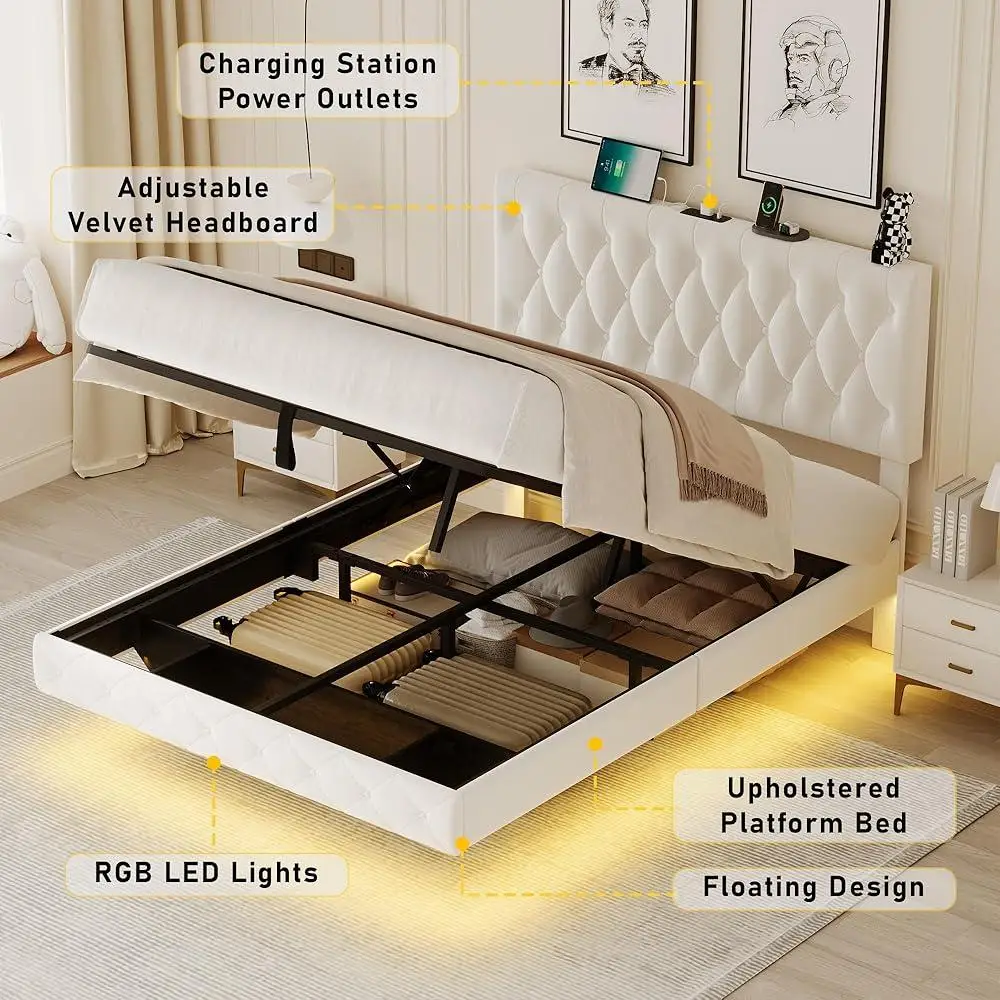 Lift Up Storage Bed Frame Queen Floating Frame Adjustable Headboard LED Lights Charging Station Outlet USB Port Velvet