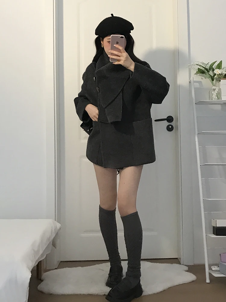 

Корейское свободное или шерстяное пальто, женское зимнее пальто Faion Accories ay, шарф из полиэфирного волокна, длинное све, чистый цвет