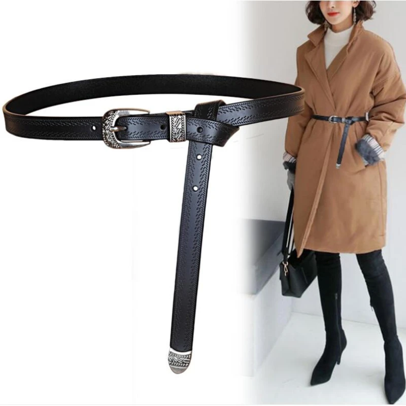 

New Fashion Women Lady Vintage Boho Metal Leather Double Buckle Waist Belt Waistband Women's Real Leather Cowhide Belts 1.8cm