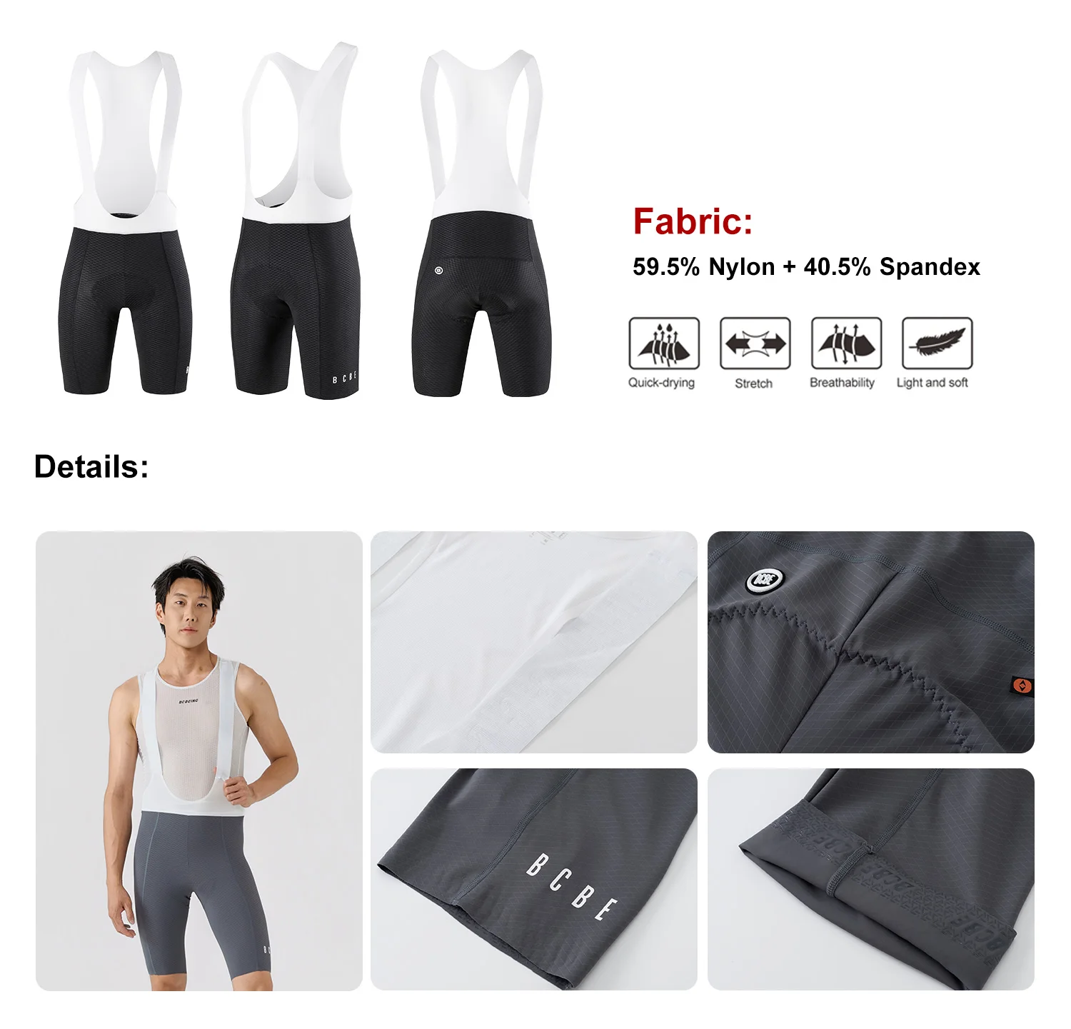 BCBE-ING Neue Herren-Radlerhose mit Hosenträgern, hochwertiges elastisches Interface-Polster mit 200 kg/m³ Dichte, leichtes, schnell trocknendes Radlerhose-Set – Detail 2