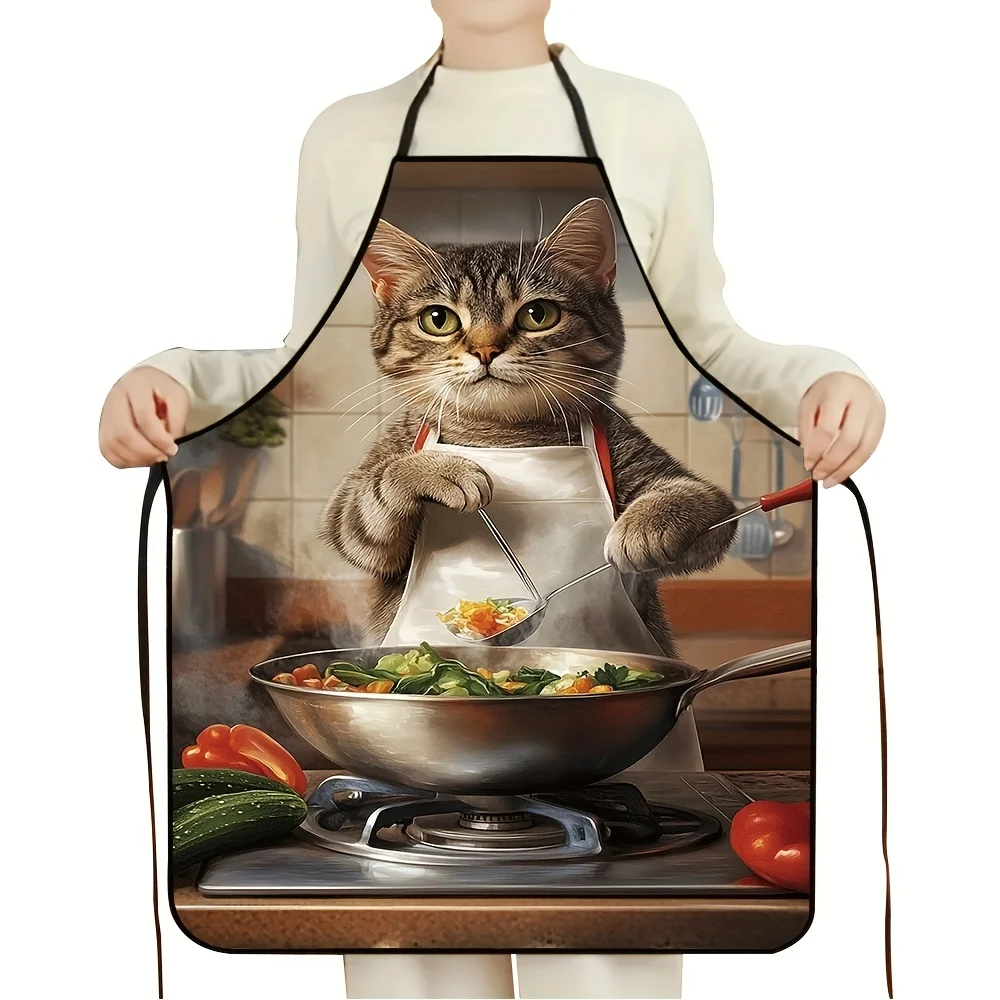 1 Stück Unisex-Küchenschürze mit niedlichem Katzendesign – hochwertiger Druck, strapazierfähiges Polyester, ideal zum Kochen, Gärtnern, Grillen