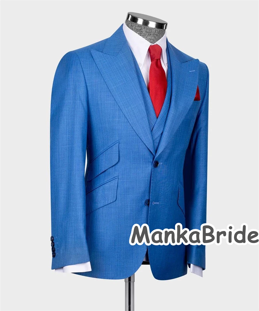 Classic Blue Full Men's Suit 3pcs Blazer Vest Pants Slim Fit Business Wear Formal Wedding Groomsmen Tuxedo Costume homme