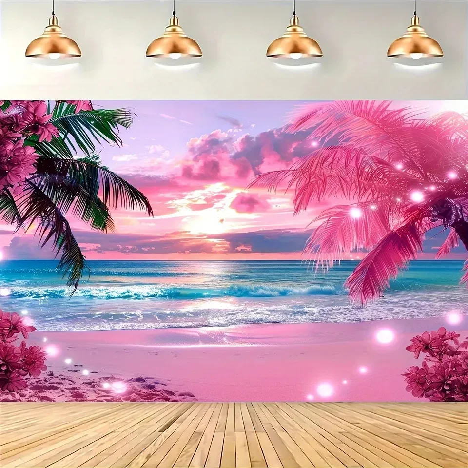 Romantic Pink Sunset Hawaiian Beach Tapestry Tropical Seaside Palm Tree Decor Wedding Proposal Summer Event Po Background 250811