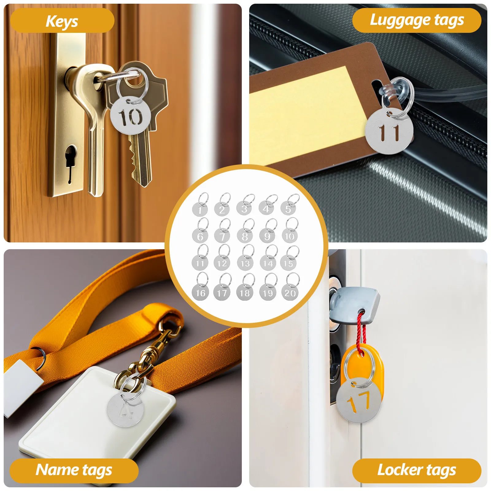 20 Pcs Key Identification Tags Hanging Number Hollowed Stainless Steel Metal Keychain Ring Labels