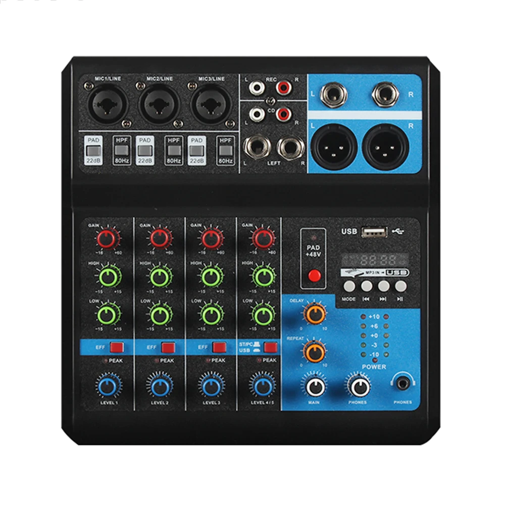 HD Audio 5 Channel Sound Mixer Professional Portable Console Computer Input 48v Power Live Broadcast A5 Sound Audio Mixer