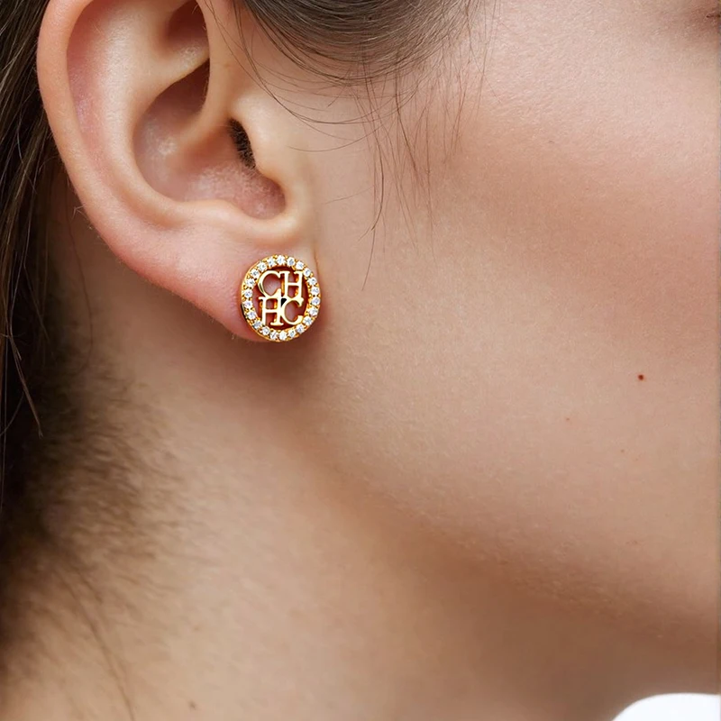 

CH Logo Stud Earrings Round Gold Silver Plated Full Zirconia Inlay Mini Simple Luxury Everyday Jewelry Gift Women