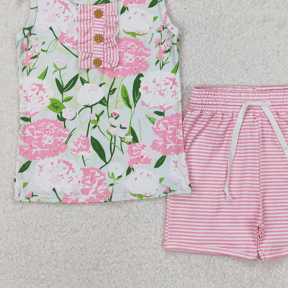 GSSO2357 Baby Girls Pink Sleeveless Floral Button Top Stripe Shorts Set