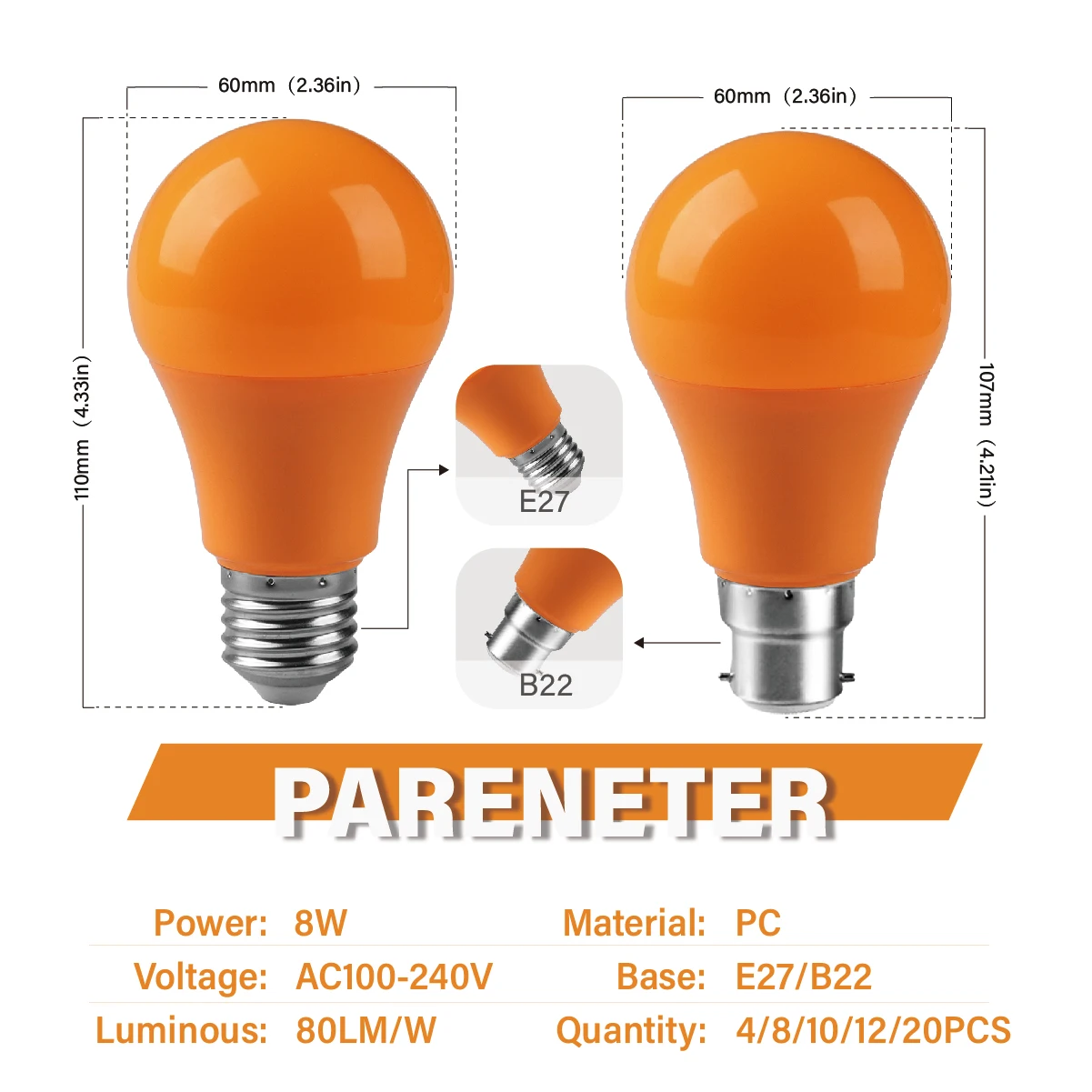 4-20Pack Orange LED Decor Bulbs 8W 640LM AC100-240V E27 B22 Energy Saving Lights Home KTV Party Courtyard Stage Decoration